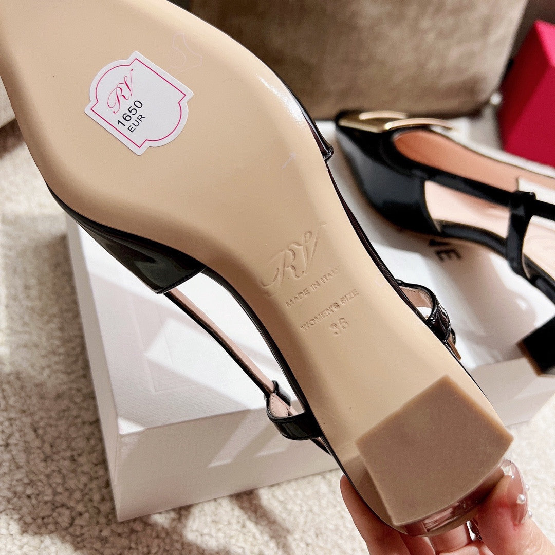 High Quality Luxury Roger Vivier Square Buckle Chunky Heel Back Sandals – Style 45428 product detail
