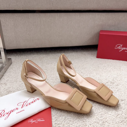 High Quality Luxury Roger Vivier Square Buckle Block Heel Strappy Sandals