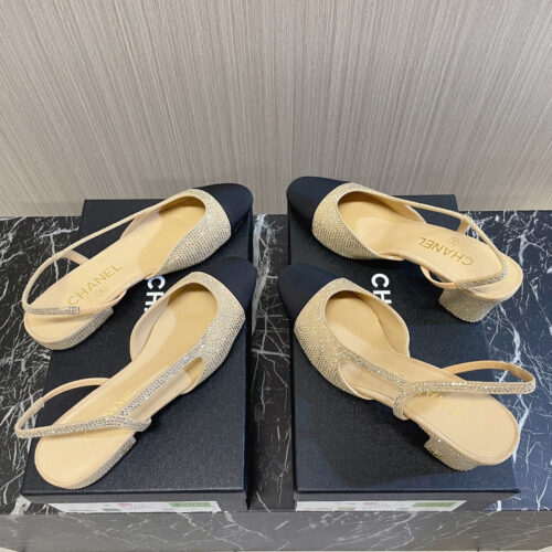 High Quality Luxury Chanel Rhinestone Thick Heel Side Empty Sandals product detail