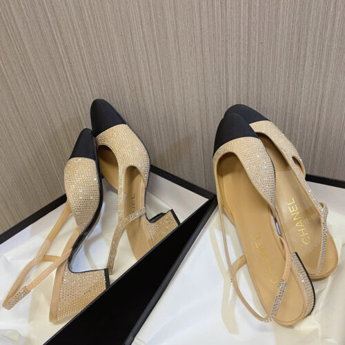 High Quality Luxury Chanel Rhinestone Thick Heel Side Empty Sandals – Style 67014 product detail