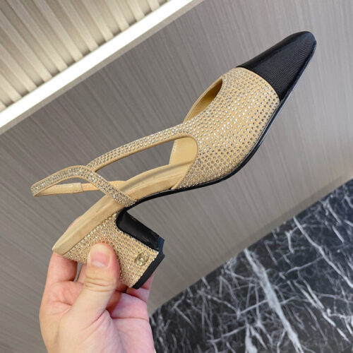 High Quality Luxury Chanel Rhinestone Thick Heel Side Empty Sandals – Style 67014 product detail