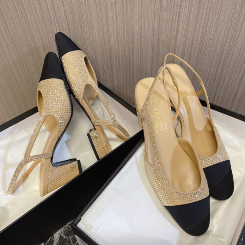 High Quality Luxury Chanel Rhinestone Thick Heel Side Empty Sandals – Style 67014