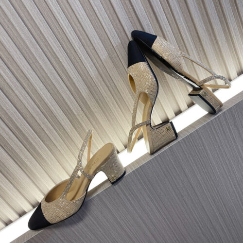 High Quality Luxury Chanel Rhinestone Thick Heel Side Empty Sandals – Style 67014 product detail