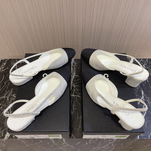 High Quality Luxury Chanel Rhinestone Thick Heel Side Empty Sandals – Style 63622 product detail