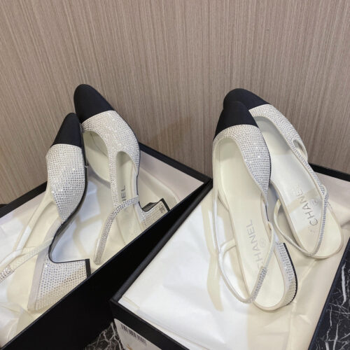 High Quality Luxury Chanel Rhinestone Thick Heel Side Empty Sandals – Style 63622 product detail