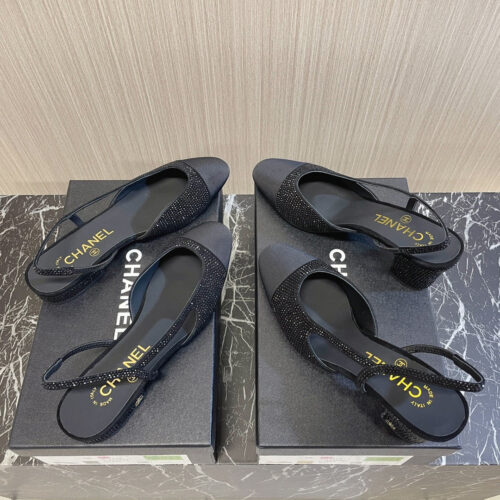High Quality Luxury Chanel Rhinestone Thick Heel Side Empty Sandals – Style 21460 product detail