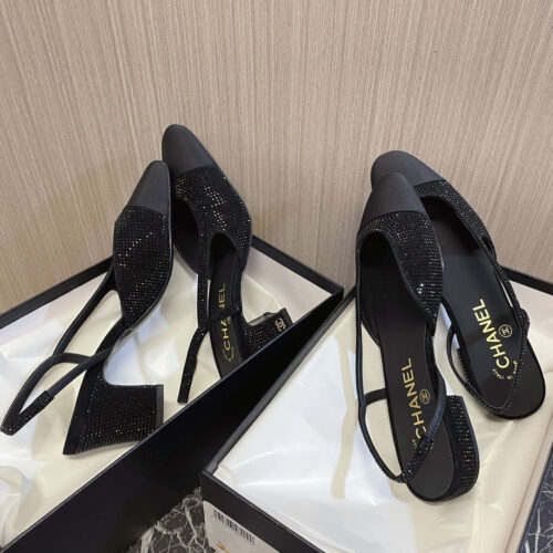 High Quality Luxury Chanel Rhinestone Thick Heel Side Empty Sandals – Style 21460 product detail