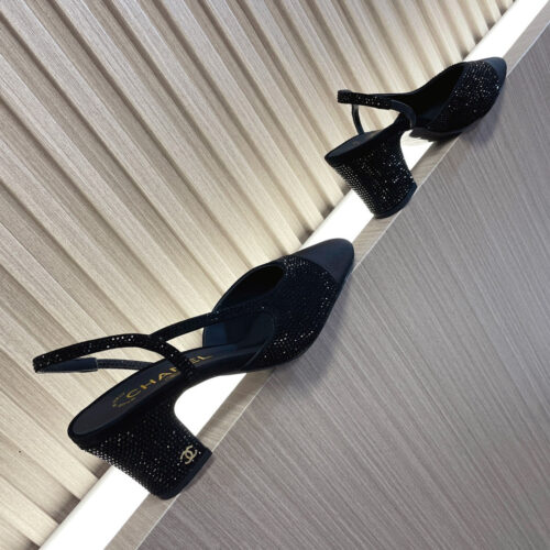 High Quality Luxury Chanel Rhinestone Thick Heel Side Empty Sandals – Style 21460 product detail