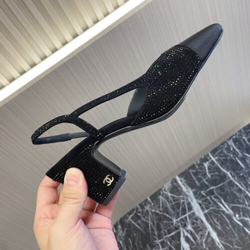High Quality Luxury Chanel Rhinestone Thick Heel Side Empty Sandals – Style 92998 product detail