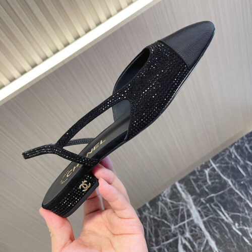 High Quality Luxury Chanel Rhinestone Thick Heel Side Empty Sandals – Style 21460 product detail