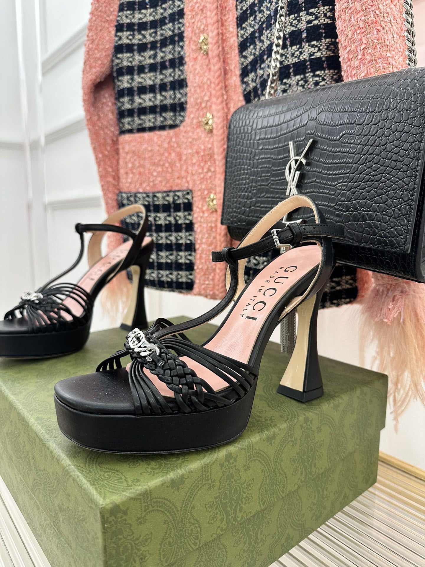 High Quality Luxury Gucci Platform Woven Strap High Heels product detail