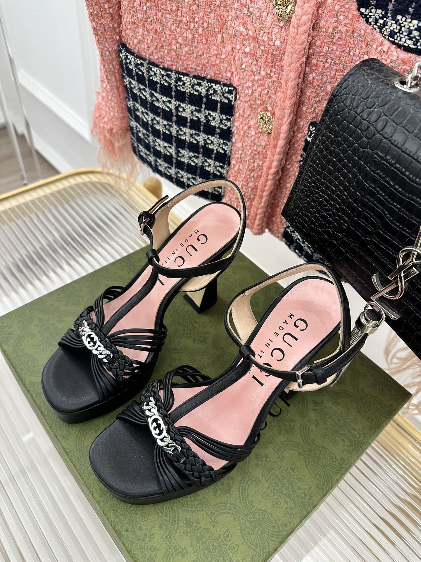 High Quality Luxury Gucci Platform Woven Strap High Heels product detail
