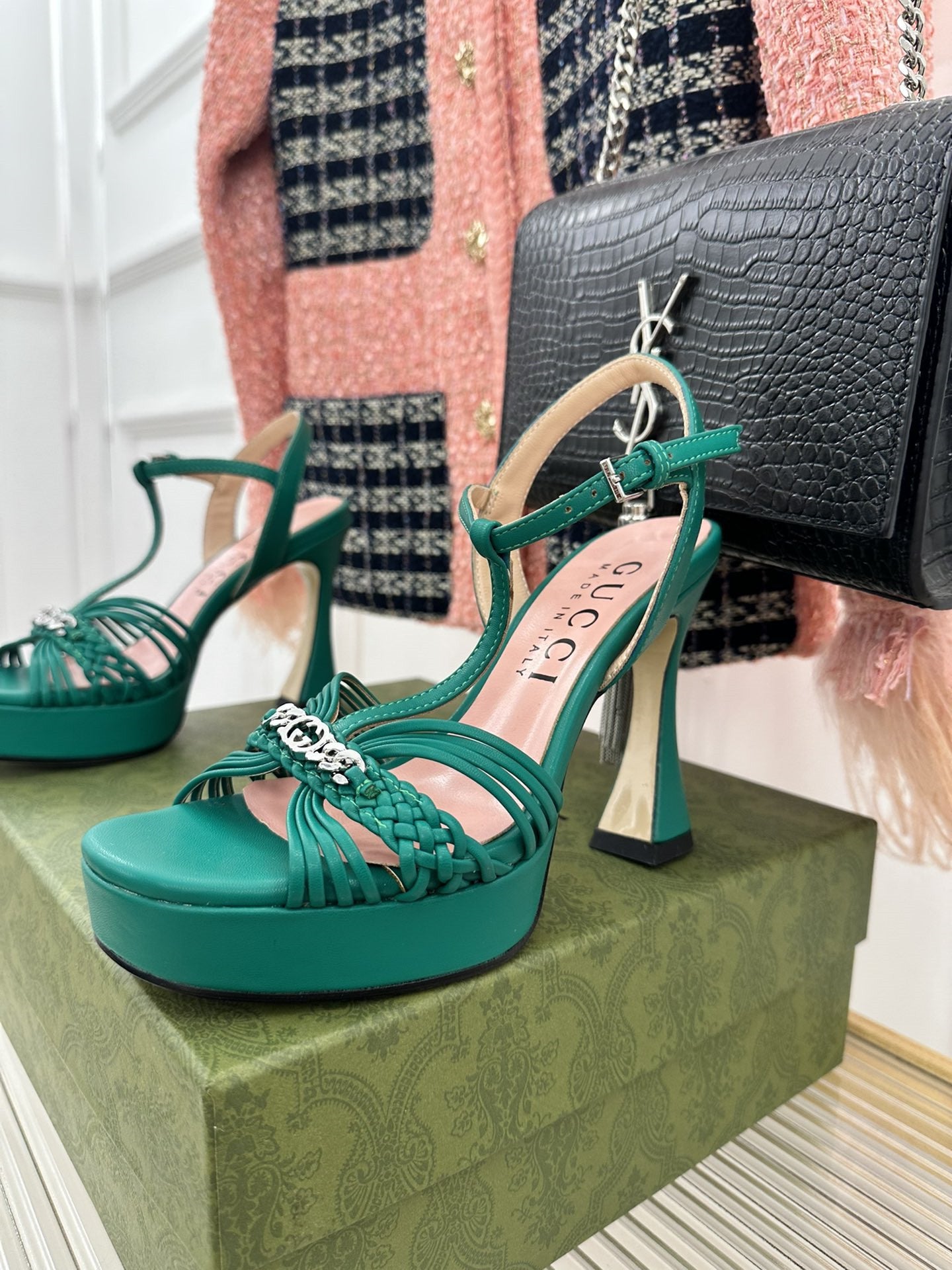 High Quality Luxury Gucci Platform Woven Strap High Heels – Style 03987 product detail