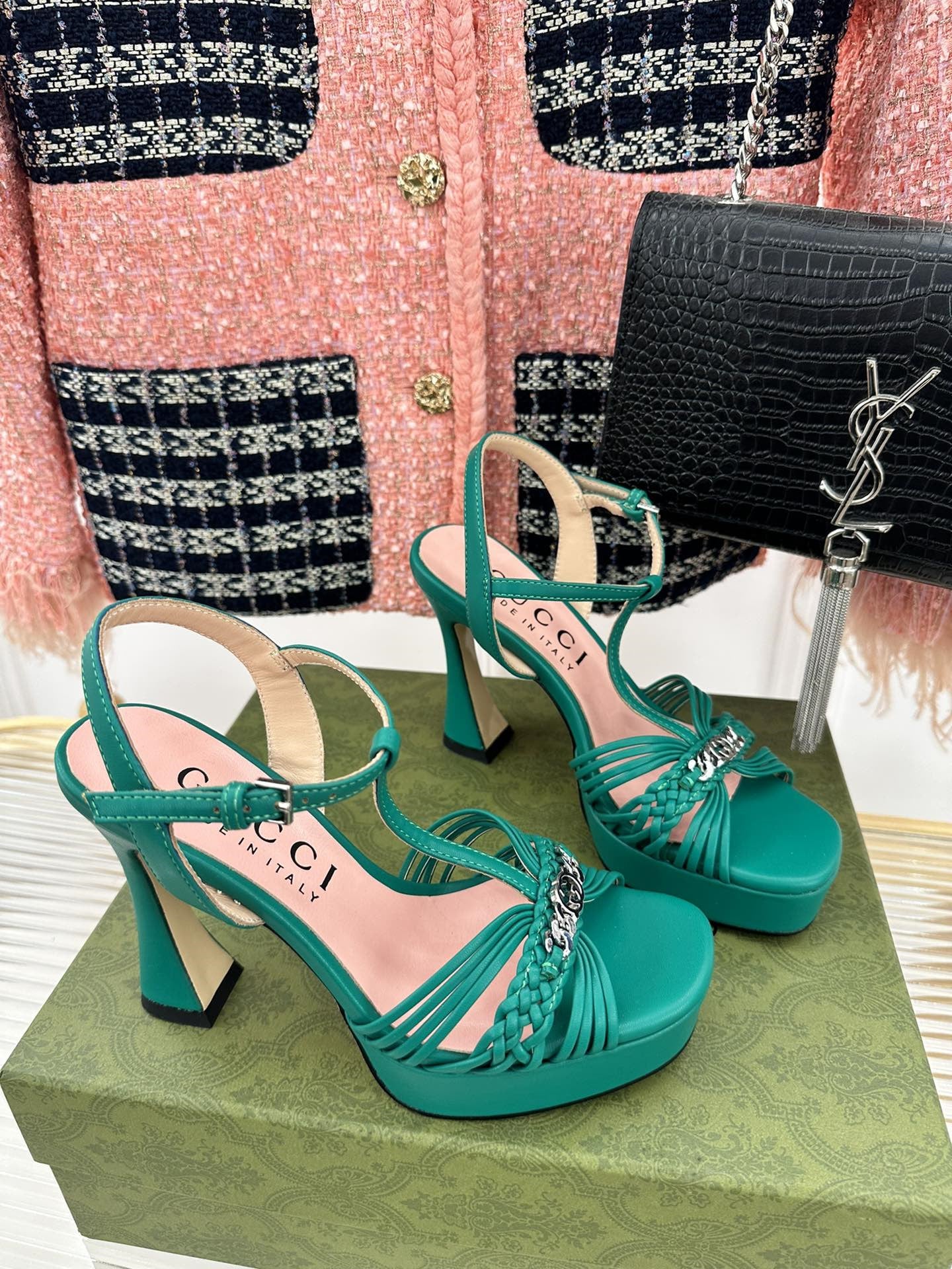 High Quality Luxury Gucci Platform Woven Strap High Heels – Style 03987