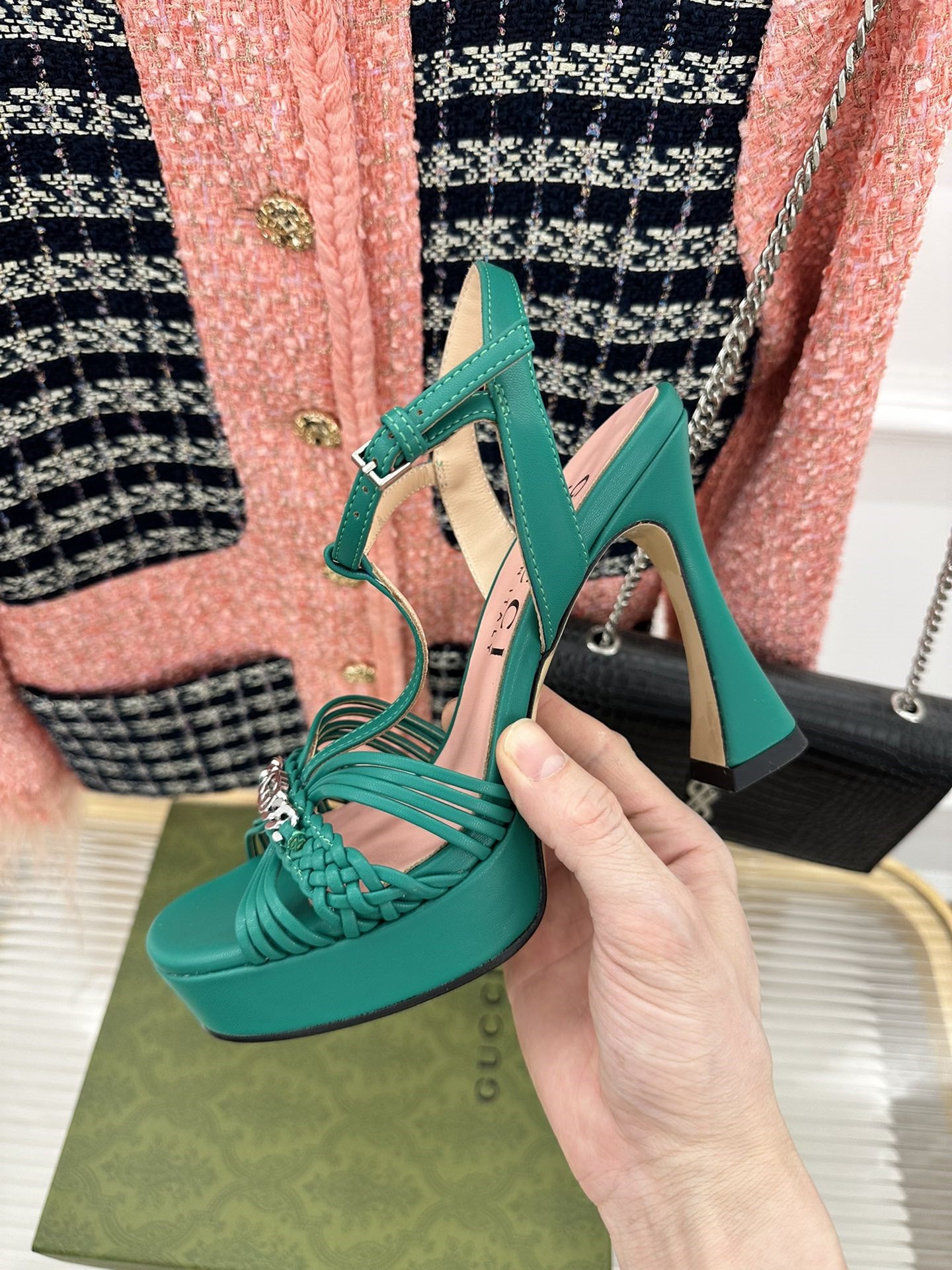 High Quality Luxury Gucci Platform Woven Strap High Heels – Style 03987 product detail