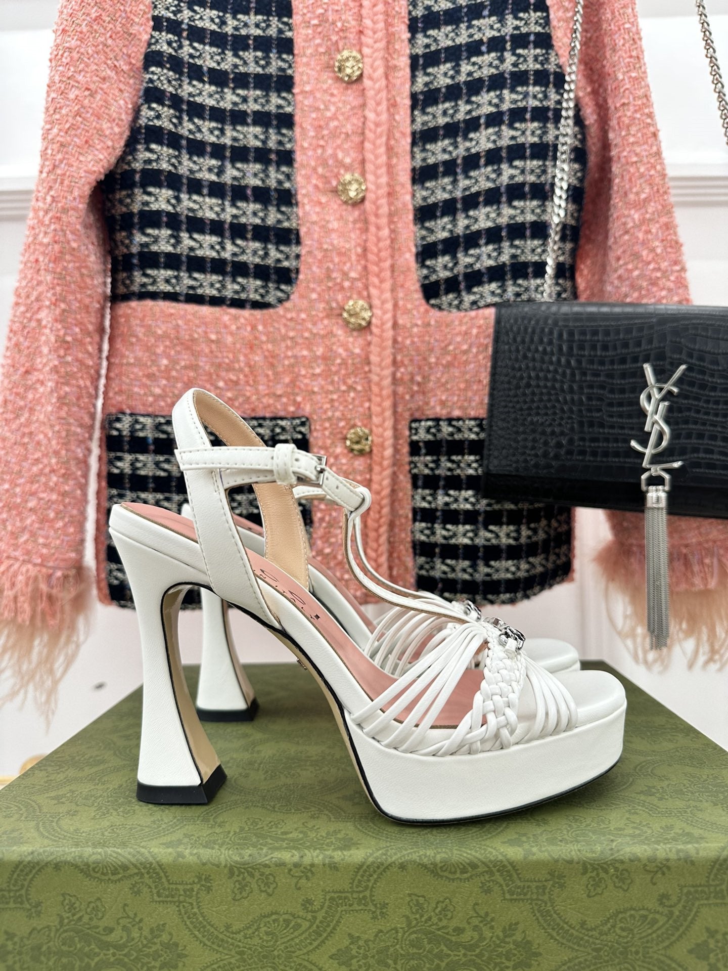 High Quality Luxury Gucci Platform Woven Strap High Heels – Style 69523 product detail