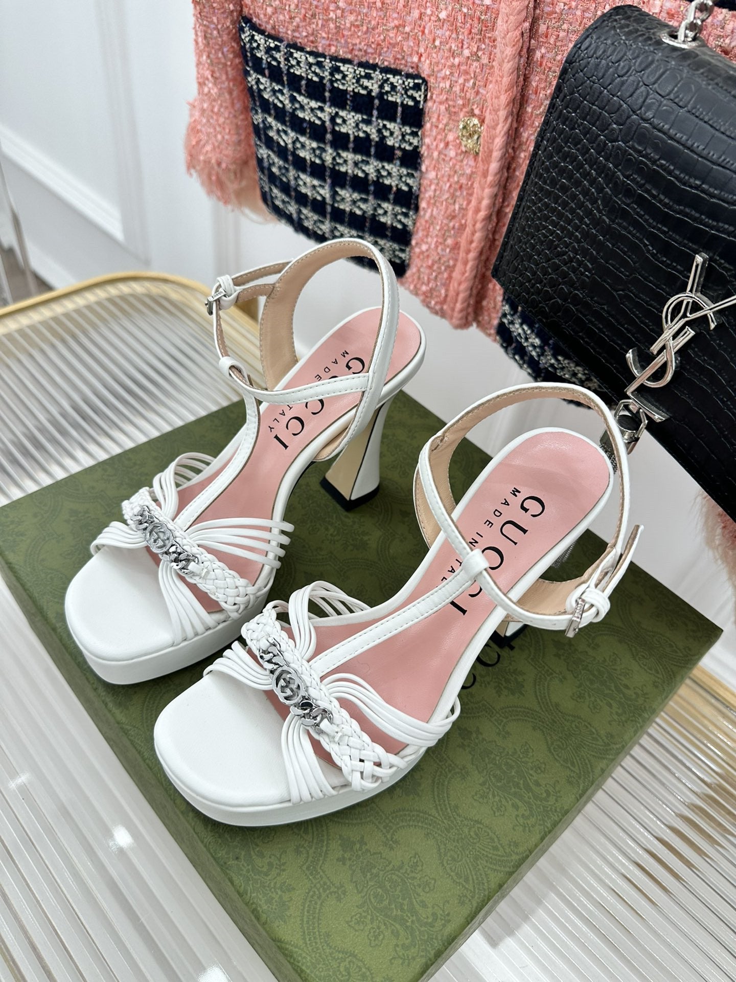 High Quality Luxury Gucci Platform Woven Strap High Heels – Style 69523 product detail