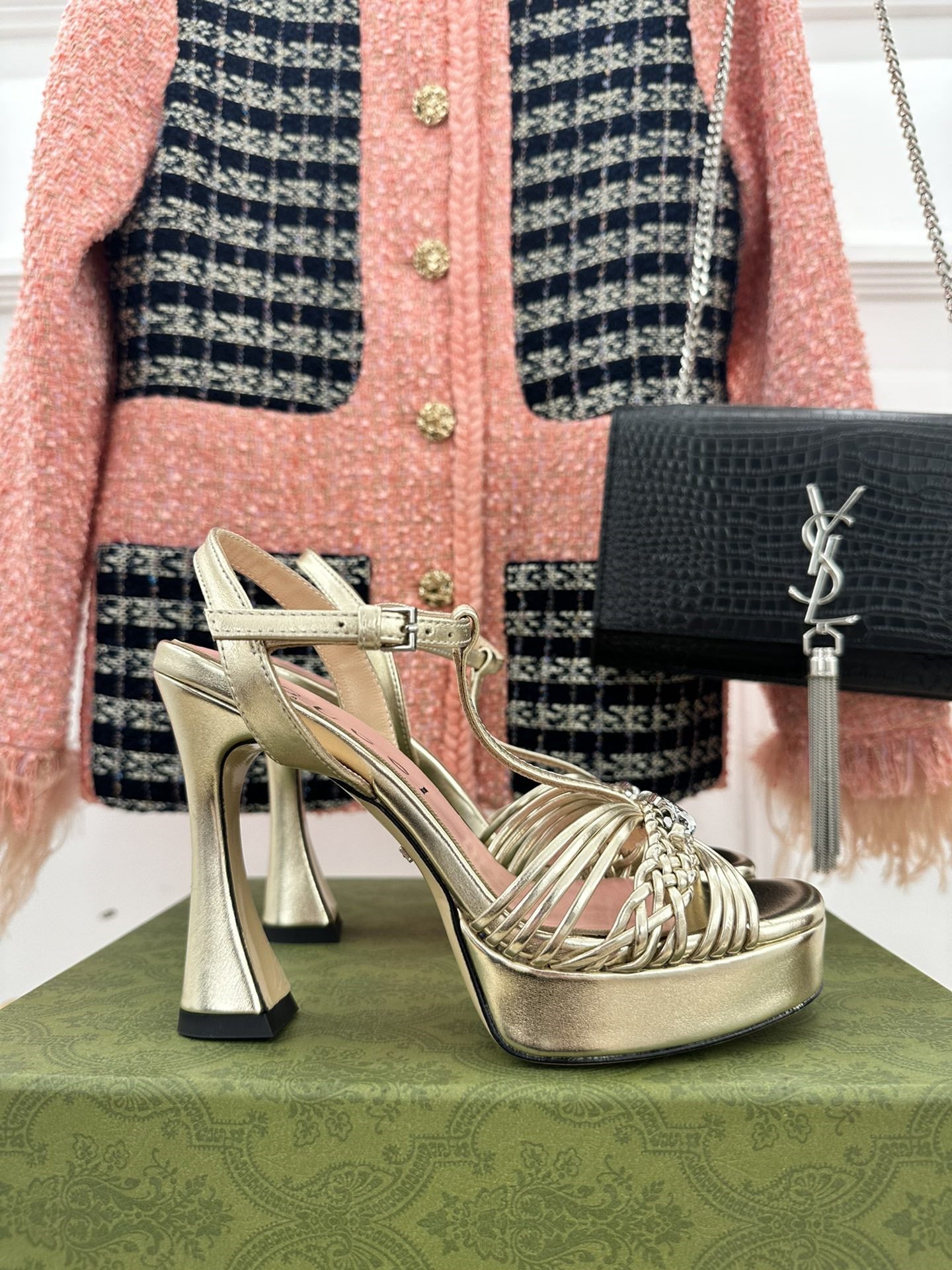 High Quality Luxury Gucci Platform Woven Strap High Heels – Style 02291 product detail