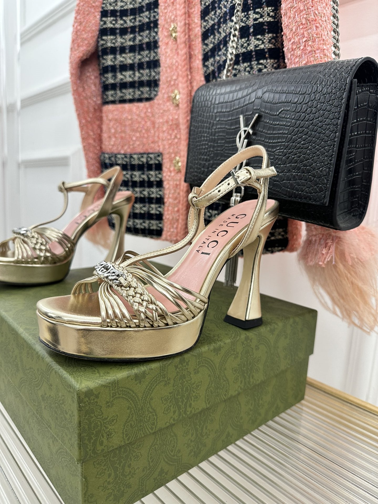 High Quality Luxury Gucci Platform Woven Strap High Heels – Style 02291 product detail