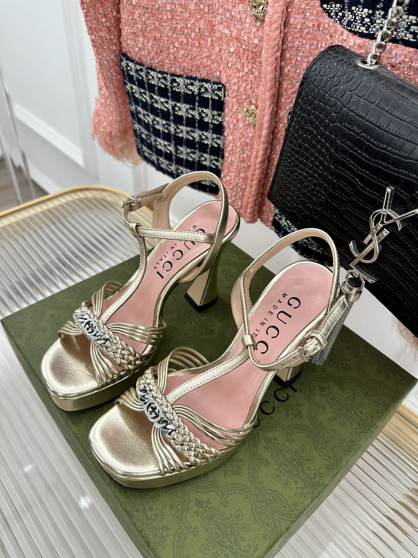 High Quality Luxury Gucci Platform Woven Strap High Heels – Style 02291 product detail