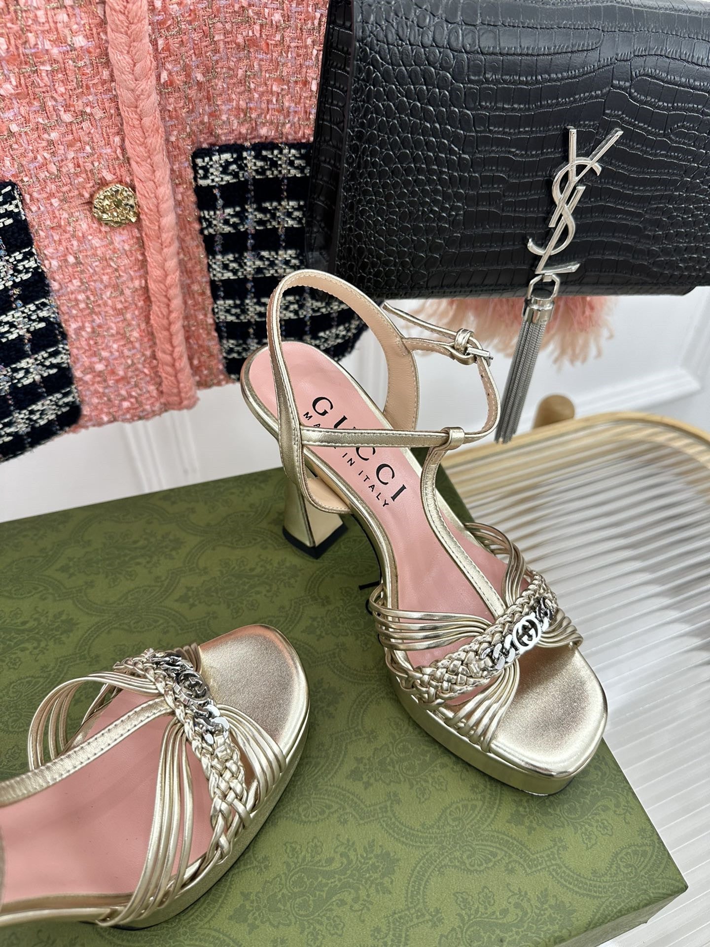 High Quality Luxury Gucci Platform Woven Strap High Heels – Style 02291 product detail