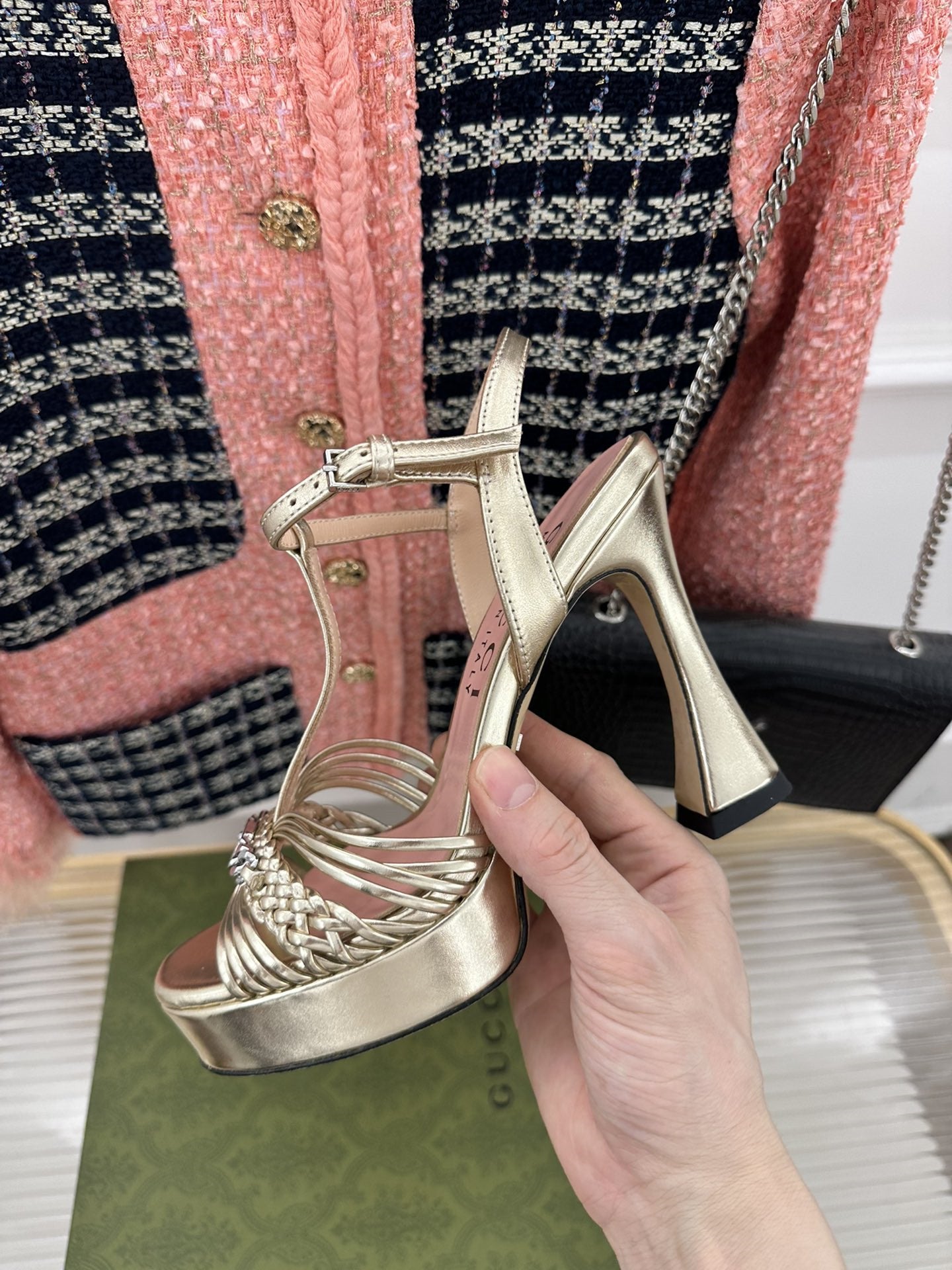 High Quality Luxury Gucci Platform Woven Strap High Heels – Style 02291 product detail