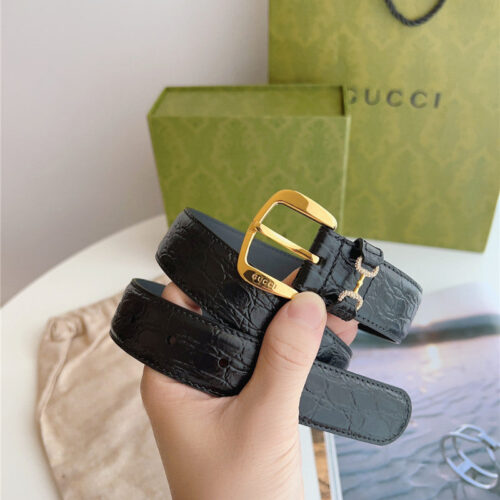 High Quality Luxury Gucci Print Embossed Leather Belt – Style 32998 alternate view