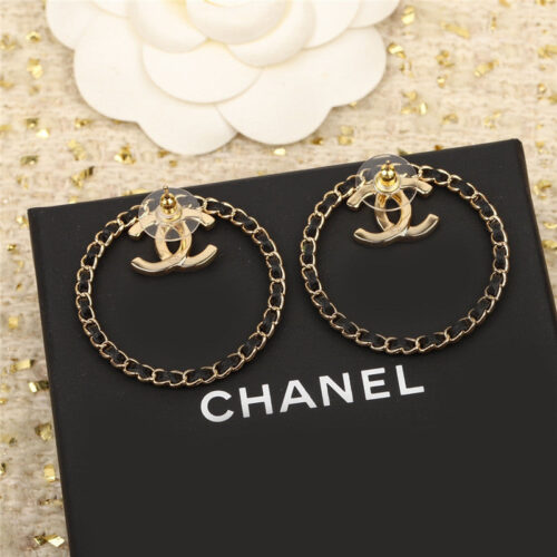 High Quality Luxury Chanel Circle Piercing Leather Double C Earrings product detail