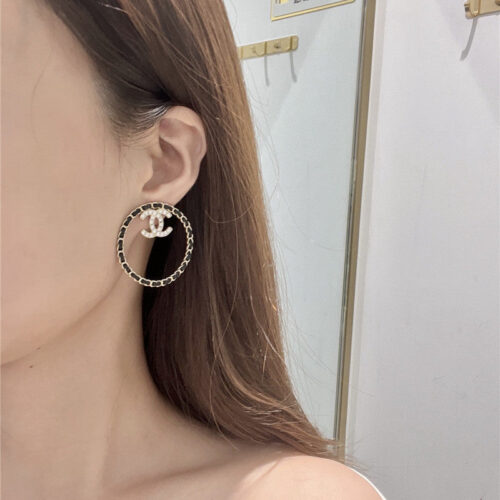High Quality Luxury Chanel Circle Piercing Leather Double C Earrings alternate view