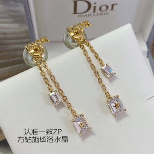 High Quality Luxury Dior Square Size Crystal Pearl Earrings