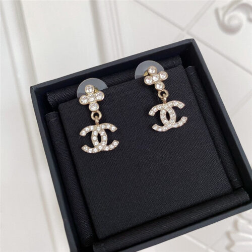 High Quality Luxury Chanel Cross Crystal Pendant Double C Earrings alternate view