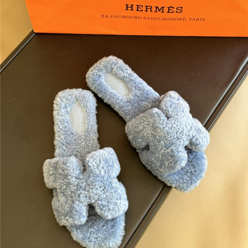High Quality Luxury Hermes Fur Roll Cake Hair H Slippers