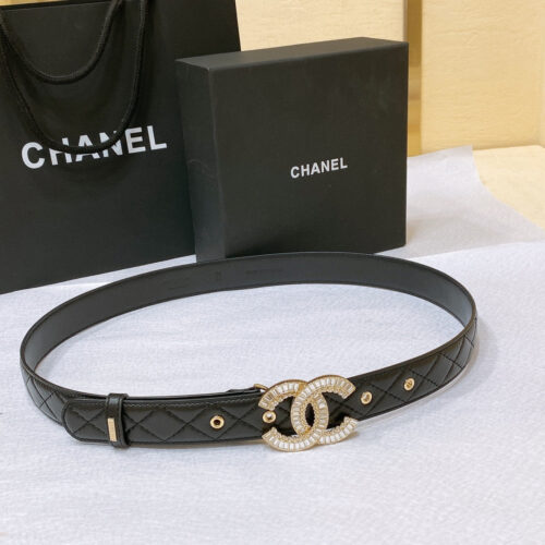 High Quality Luxury Chanel Rhinestone Golden Brass Metal Logo Buckle Calfskin Belt – Style 21382