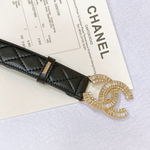 High Quality Luxury Chanel Rhinestone Golden Brass Metal Logo Buckle Calfskin Belt – Style 21382 product detail