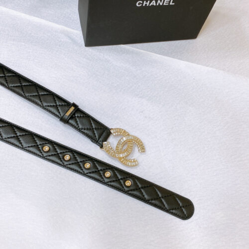 High Quality Luxury Chanel Rhinestone Golden Brass Metal Logo Buckle Calfskin Belt – Style 21382 alternate view