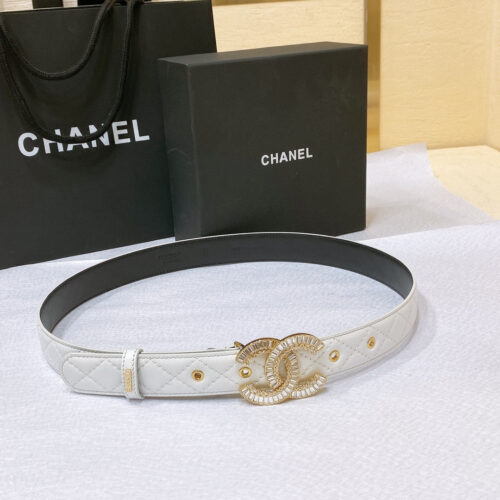 High Quality Luxury Chanel Rhinestone Golden Brass Metal Logo Buckle Calfskin Belt