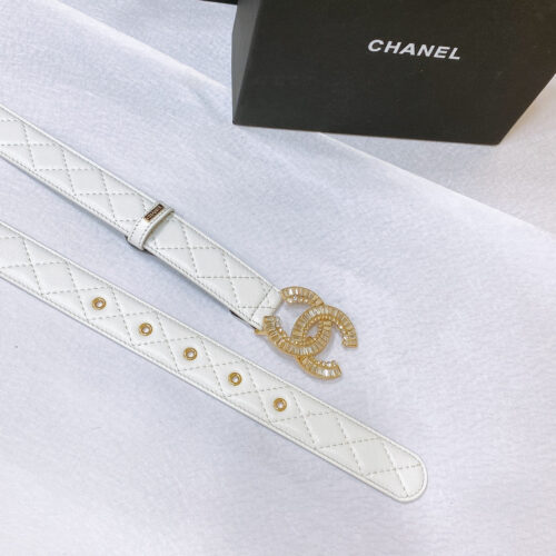 High Quality Luxury Chanel Rhinestone Golden Brass Metal Logo Buckle Calfskin Belt alternate view