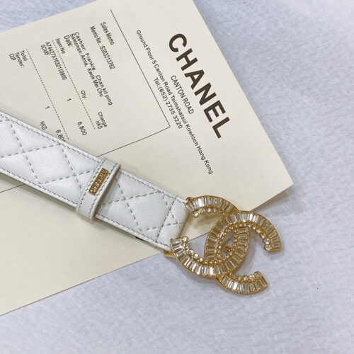High Quality Luxury Chanel Rhinestone Golden Brass Metal Logo Buckle Calfskin Belt product detail