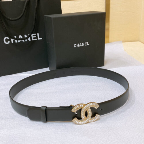 High Quality Luxury Chanel Rhinestone Golden Brass Metal Logo Buckle Calfskin Belt – Style 14598