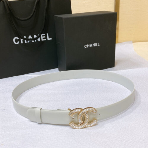 High Quality Luxury Chanel Rhinestone Golden Brass Metal Logo Buckle Calfskin Belt – Style 45670