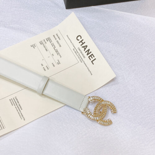 High Quality Luxury Chanel Rhinestone Golden Brass Metal Logo Buckle Calfskin Belt – Style 45670 alternate view