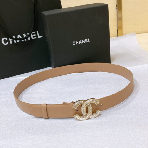 High Quality Luxury Chanel Rhinestone Golden Brass Metal Logo Buckle Calfskin Belt – Style 40582