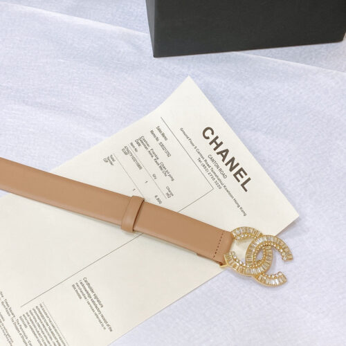 High Quality Luxury Chanel Rhinestone Golden Brass Metal Logo Buckle Calfskin Belt – Style 40582 alternate view