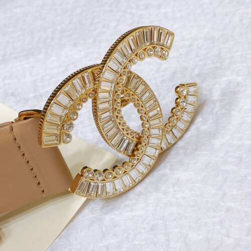 High Quality Luxury Chanel Rhinestone Golden Brass Metal Logo Buckle Calfskin Belt – Style 40582 product detail