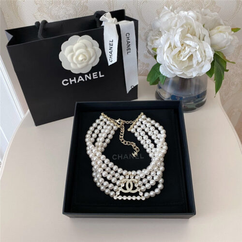 High Quality Luxury Chanel 5 Layers Of Pearl Triangle Full Diamond Necklace