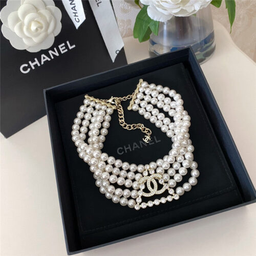 High Quality Luxury Chanel 5 Layers Of Pearl Triangle Full Diamond Necklace alternate view