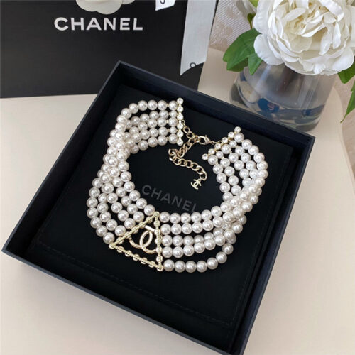 High Quality Luxury Chanel 5 Layers Of Pearl Triangle Full Diamond Necklace product detail