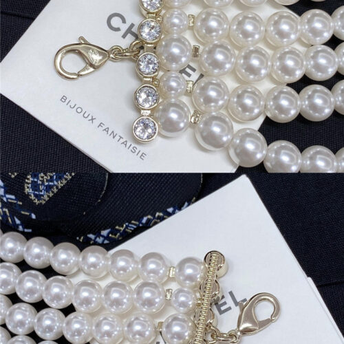 High Quality Luxury Chanel 5 Layers Of Pearl Triangle Full Diamond Necklace product detail