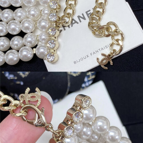 High Quality Luxury Chanel 5 Layers Of Pearl Triangle Full Diamond Necklace product detail