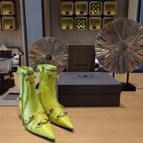 High Quality Luxury Balenciaga Orange Pointed Toe Side Zip Kitten Heel Booties